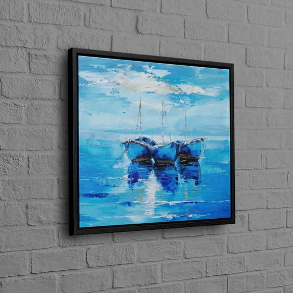 Personalized Blue Art Boat Canvas With Bohemian Inspired Abstract Landscape For Wall Decor In a Floating Frame Ready to Hang