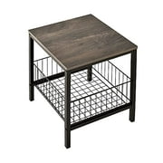 YANXUAN Nightstand End Table Wooden top Metal Frame Side Table with a mesh Steel Basket Black Walnut
