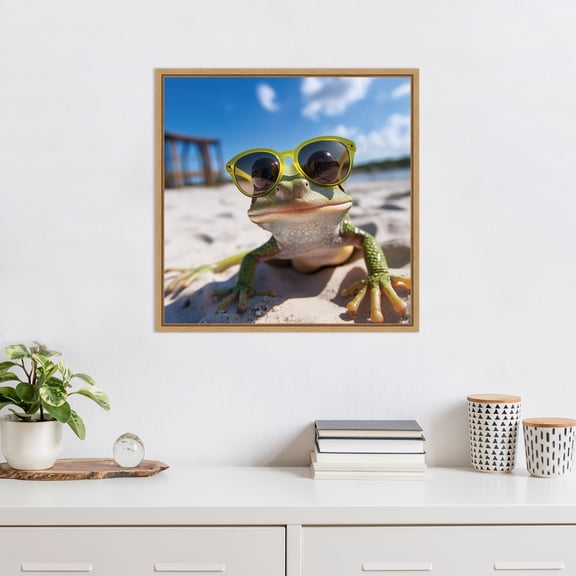 Kate and Laurel Sylvie Funny Animal Beach Cool Frog Green Glasses Selfie Framed Canvas Wall Art by The Creative Bunch Studio, 22x22 Natural, Funny Cute Animal Art for Wall