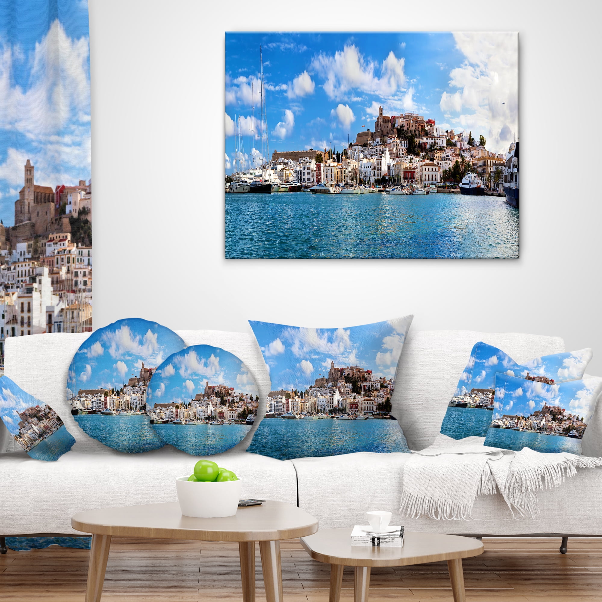 Designart Panorama of Ibiza Spain - Cityscape Photo Throw Pillow - 18x18