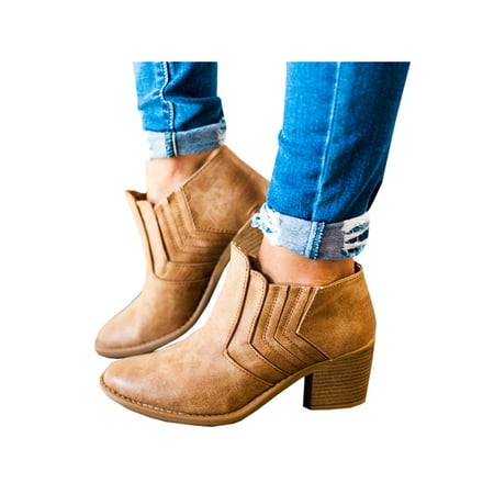 

UKAP Women Stacked Heel Boot Pull On Ankle Boots Block Mid Heels Bootie Comfort Winter Shoes Work Short Booties Low Calf Anti-Slip Brown 7