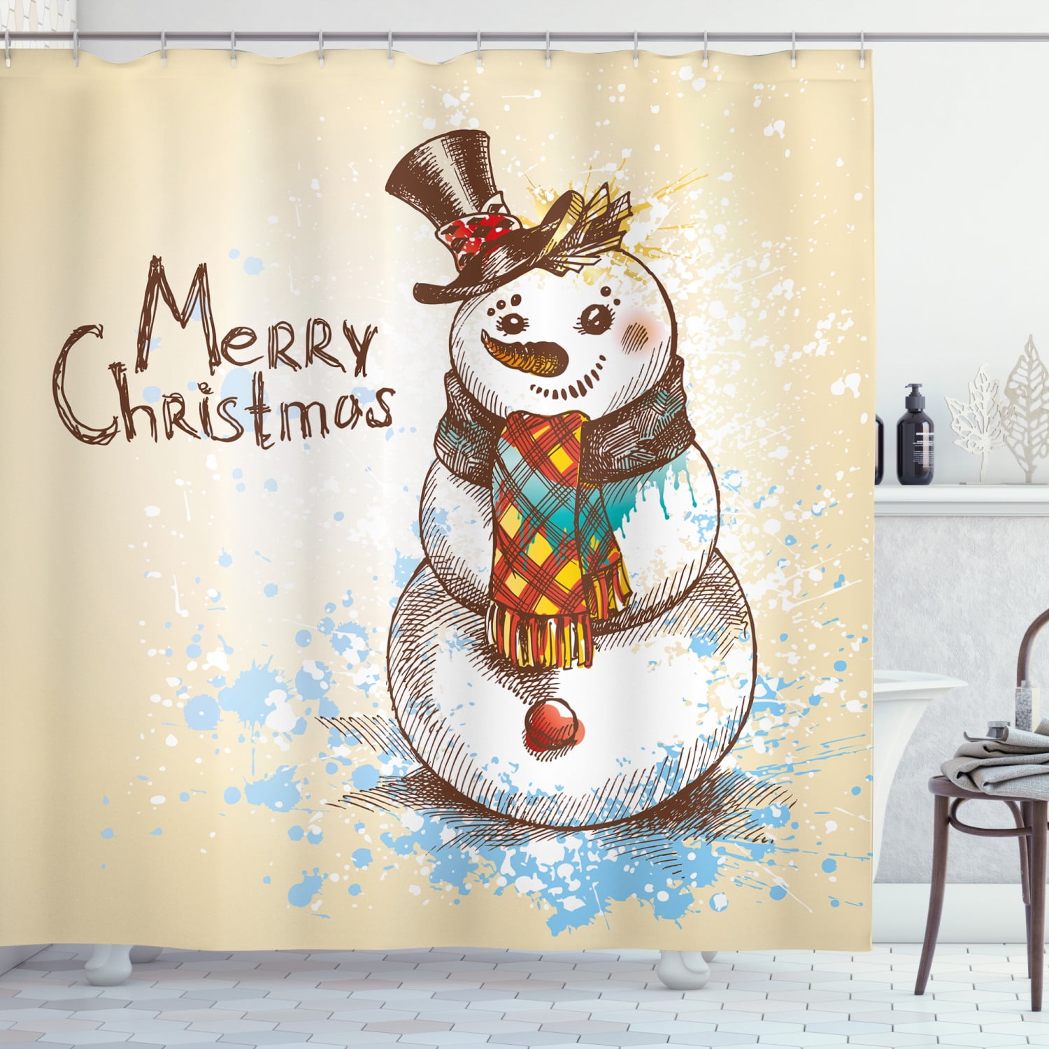 Snowman Shower Curtain, Artistic Snowman with Winter Accessories Color