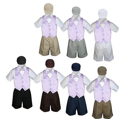 

5pc Boy Toddler Formal Lilac Lavender Vest Bow Tie Black Khaki Hat Shorts S-4T