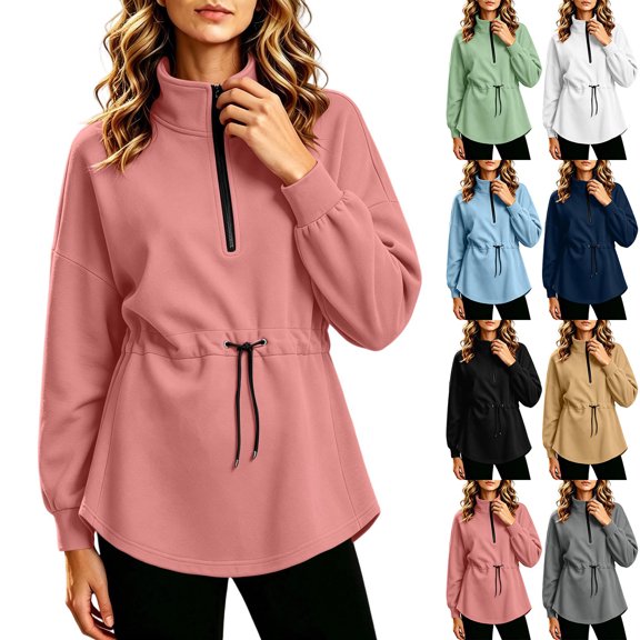 Women's Adjustable Drawstring Waist Sweatshirt Oversized Half Zip Stand Collar Long Sleeve Tunic Tops Loose Fit Casual Pullover Jackets White