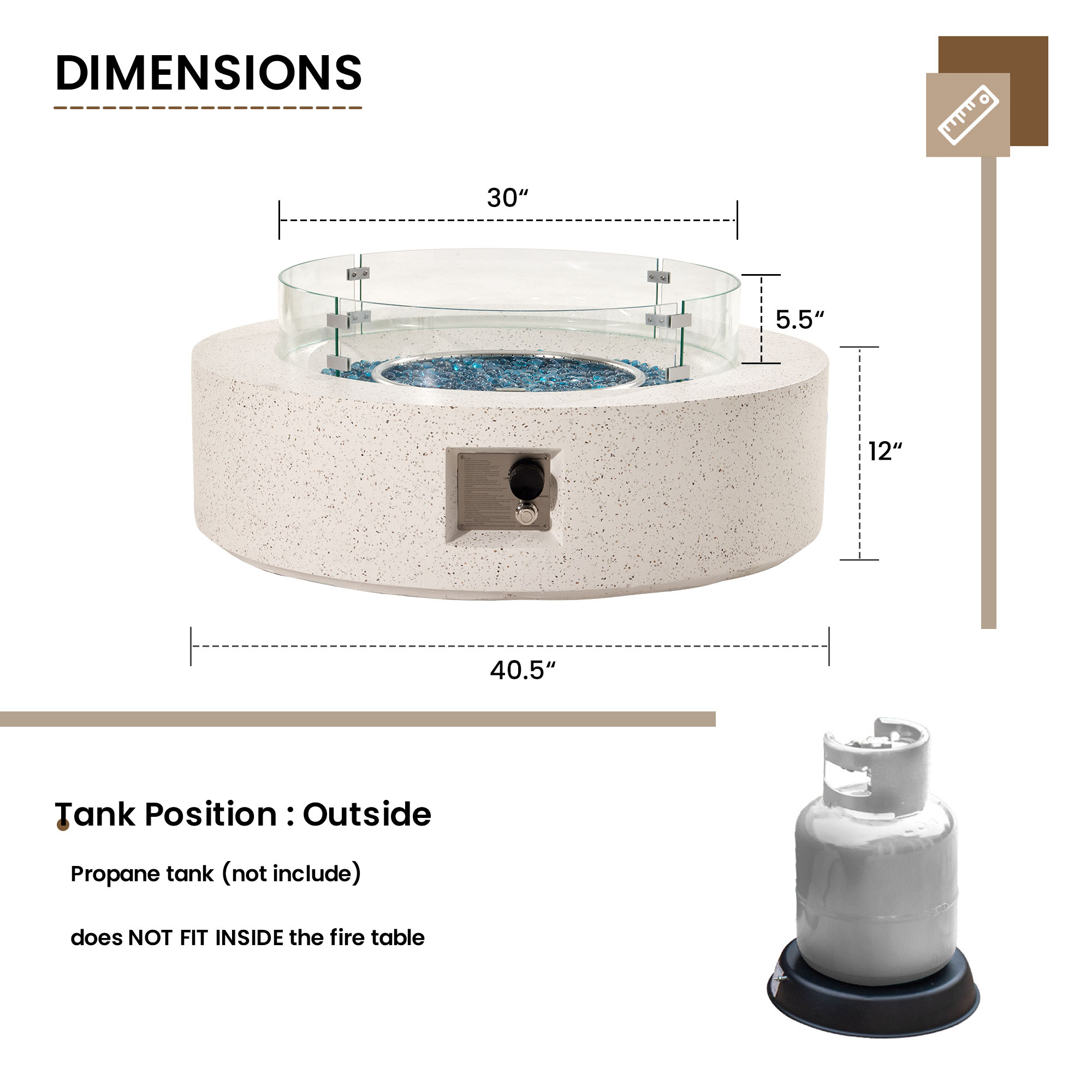 VENTOPYR Outdoor Propane Fire Pit Coffee Table, 40.5-inch Round, White Terrazzo Finish with Wind Guard, Aqua Blue Fire Glass, Rain Cover