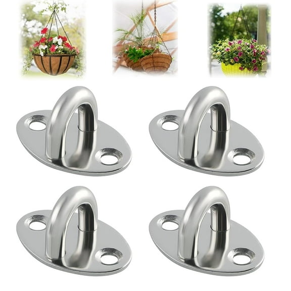 Upgraded 4-Pack Heavy Duty 304 Stainless Steel Ceiling Hook Ring Hooks, Ceiling Hooks Pad Eyes Plate Marine Hardware Hooks with Screws 16 PCS