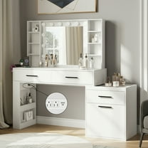 EOP Large Makeup Vanity Desk with Mirror & Lights, Vanity Table with 3 Drawers, 8 Shelves and 1 Large Cabinet, 3 Color Modes & Adjustable Brightness Dressing Table, White