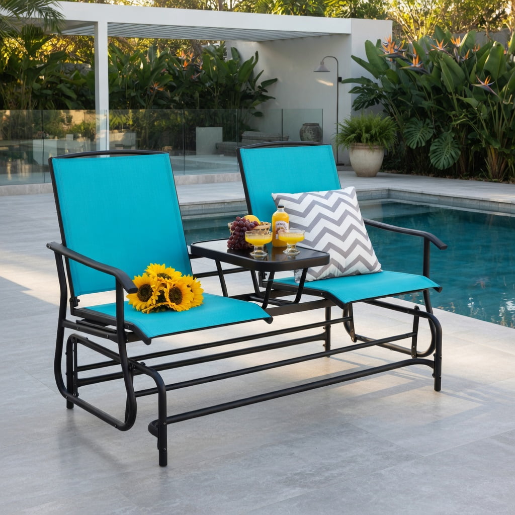 Hommoo 2-Person Outdoor Rocking Loveseat with Tempered Glass Center Table, Mesh Fabric, Steel Frame, Turquoise