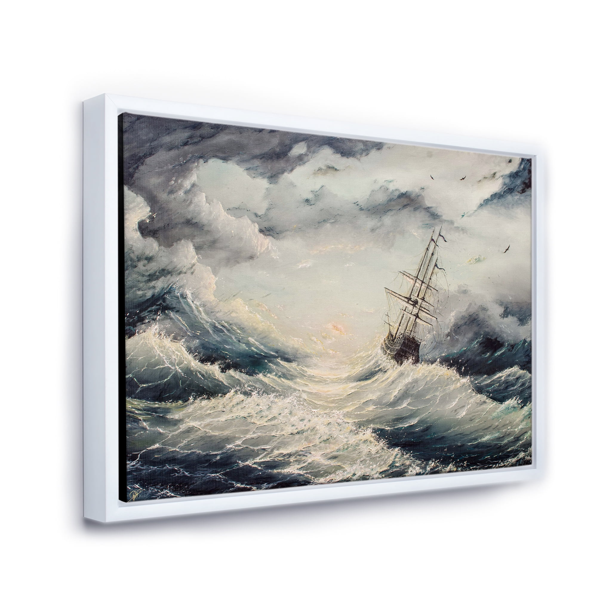 Designart 'Ship Struggles With The Sea Storm' Nautical & Coastal Framed Canvas Wall Art Print