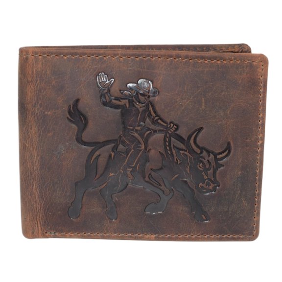 MARSHAL Western Rodeo Bull Rider Design Genuine Leather RFID Blocking Cowboy Bifold Wallet for Men Black