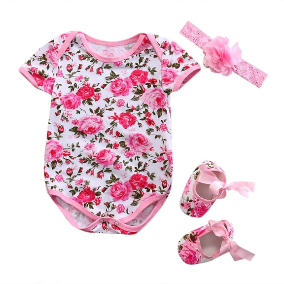 Qtinghua 3Pcs Newborn Baby Girls Clothes Short Sleeve Romper Leopard Floral Jumpsuit Bodysuit Shoes Headband Set Pink 0-3 Months
