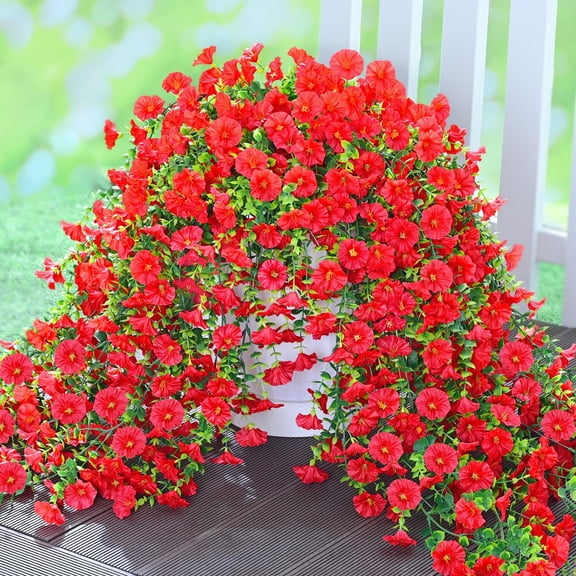 Lyacmy 4 Pcs Artificial Hanging Flowers for Outdoor Spring Decor, UV Resistant Fake Flower Morning Glory for Outdoor Garden Porch Patio Wedding Decor,Red