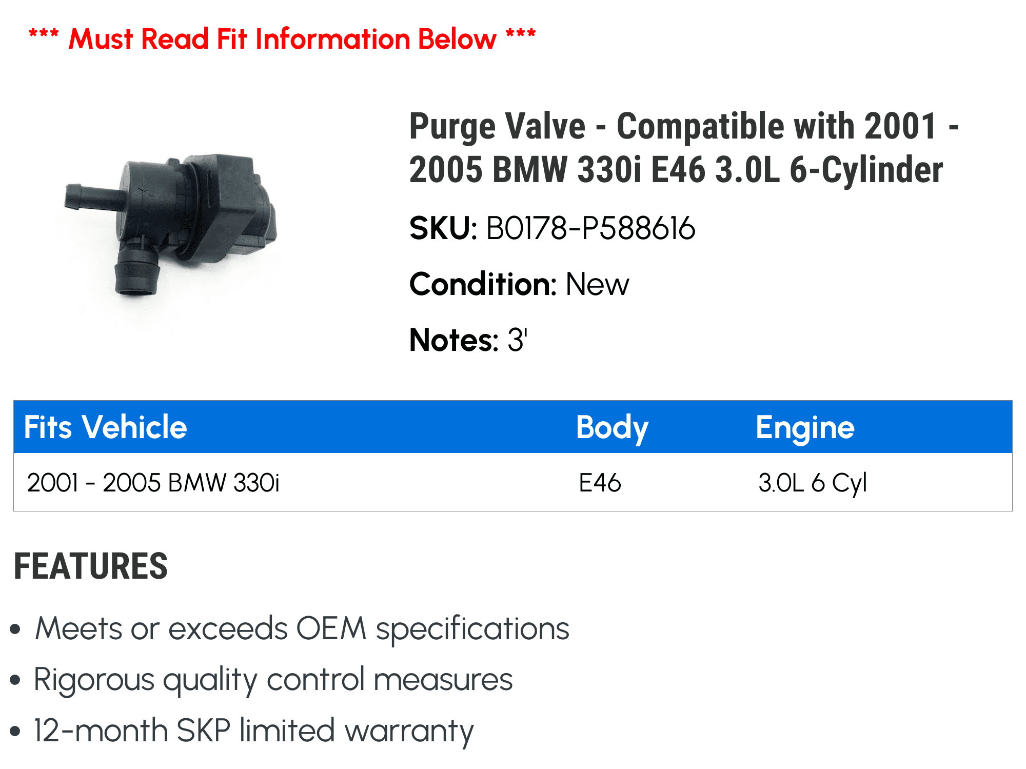 Purge Valve - Compatible with 2001 - 2005 BMW 330i E46 3.0L 6-Cylinder 2002 2003 2004