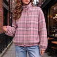thumbnail image 4 of Xdegoge Bomber Jackets for Women Fall Plaid Stand Collar Long Sleeve Zip Up Outerwear Fall Winter Lightweight Casual Vintage Streetwear Coats Pink S, 4 of 8