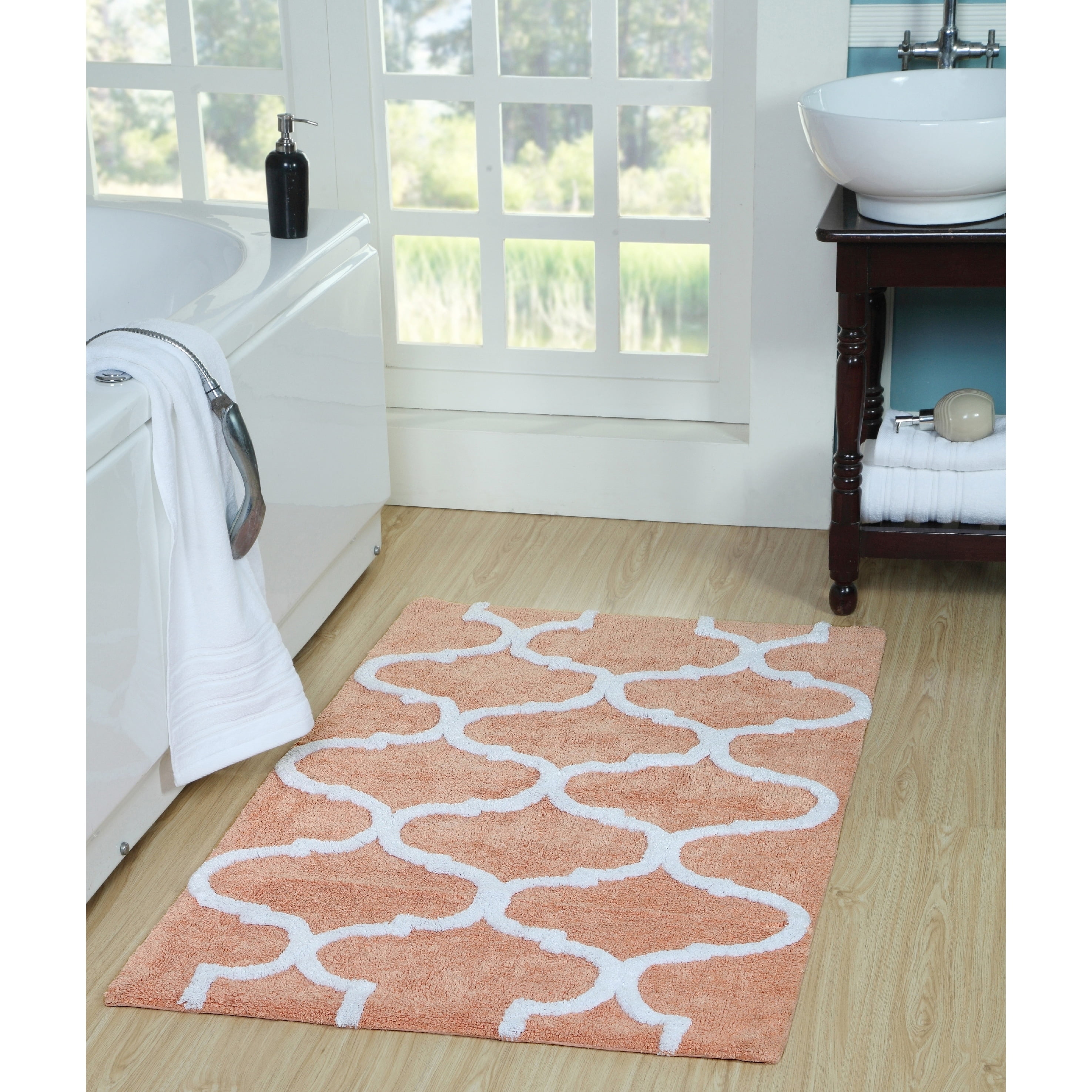 Saffron Fabs 34x21 Inches Sage Green/White Geometric Cotton Bath Rug