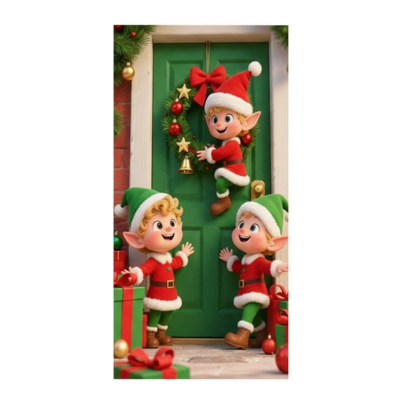 Christmas Door Curtain 72.8x35.4in – Outdoor Elf Banner Hanging Fabric, Holiday Party Door Backdrop Decoration, Multicolor Polyester