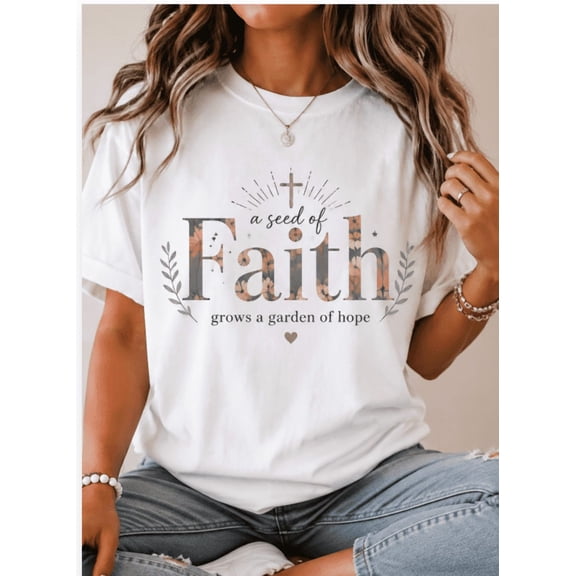 Christian Women’s Faith T-Shirt – Floral Letter Graphic Tee “Faith Grows a Garden of Hope” Inspirational Bible Verse Casual Shirt for Women