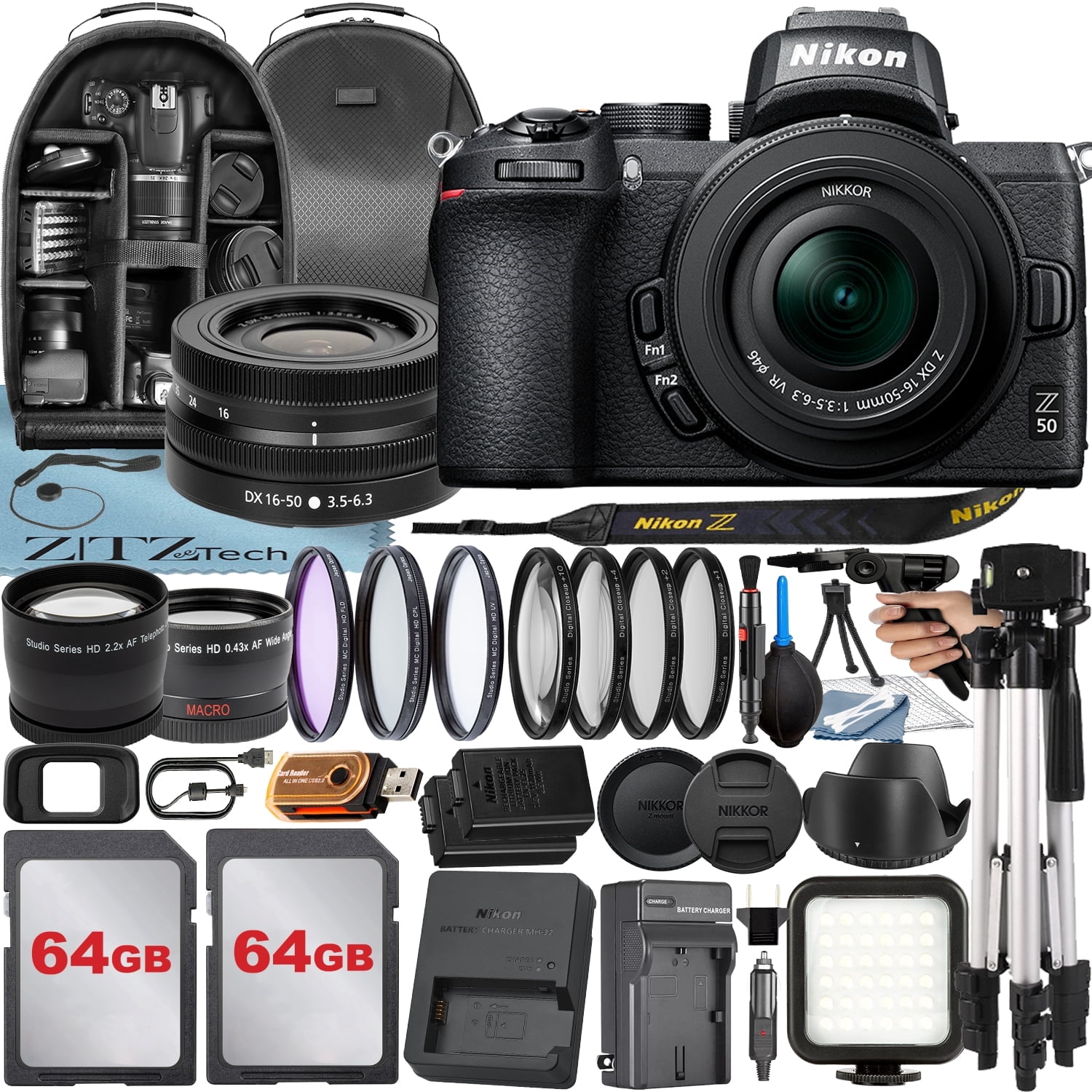 Nikon Z50 Kit: Mirrorless Camera, NIKKOR 16-50mm VR Lens, 64GB