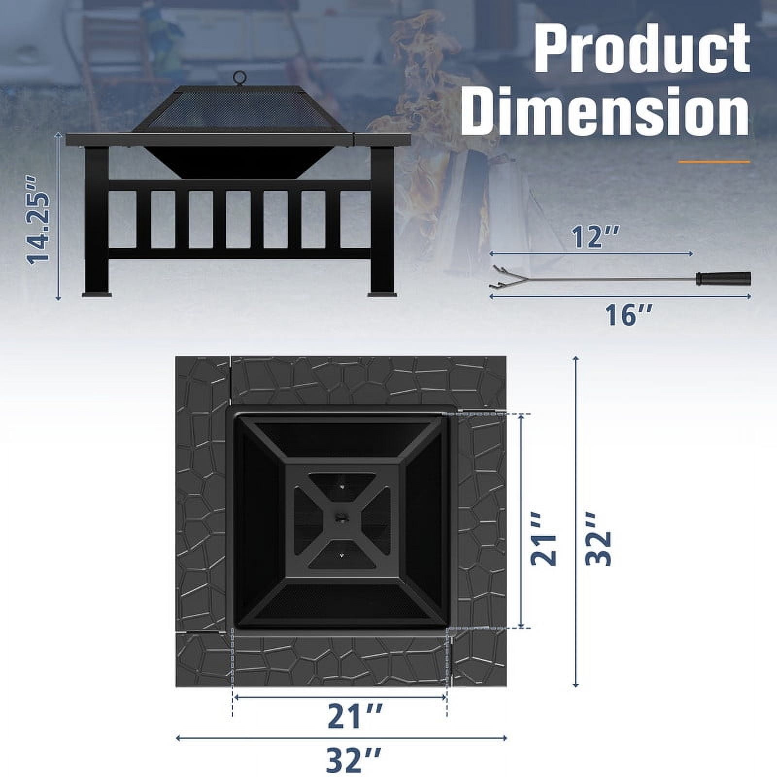 Devoko Outdoor 32" Square Metal Fire Pit with Cover and Poker, Black