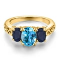 thumbnail image 3 of Gem Stone King 18K Yellow Gold Plated Silver Swiss Blue Topaz and Blue Sapphire Filigree Style 3 Stone Ring for Women (2.61 Cttw, Oval 8X6MM and 6X4MM) (Size 8), 3 of 6