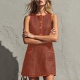 thumbnail image 4 of Wovilon Women's Round Neck Sleeveless A-Line Mini Dress, Button Front Contrast Trim Pocket Shift Top, Relaxed Lightweight Breathable Cotton Linen Blend Solid, 4 of 7