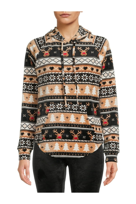 Women's Juniors Christmas Plush Pullover Hoodie