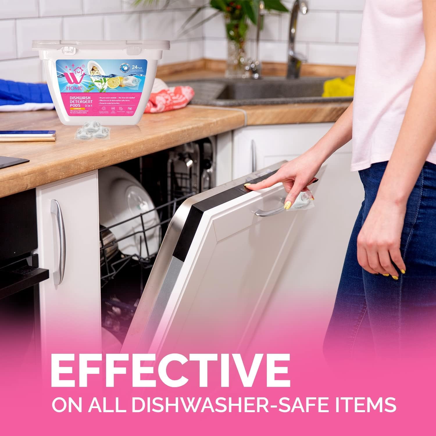 WBM Home 3-in-1 Dishwasher Pods - Powered Free & Clear Detergent for Residue-Free Dishes - 96 Count Total, 24 Pods/Each - Pack of 4