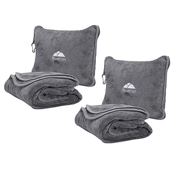 BlueHills Premium Soft Travel Blanket Pillow Airplane Throw 2-Pack -Gray