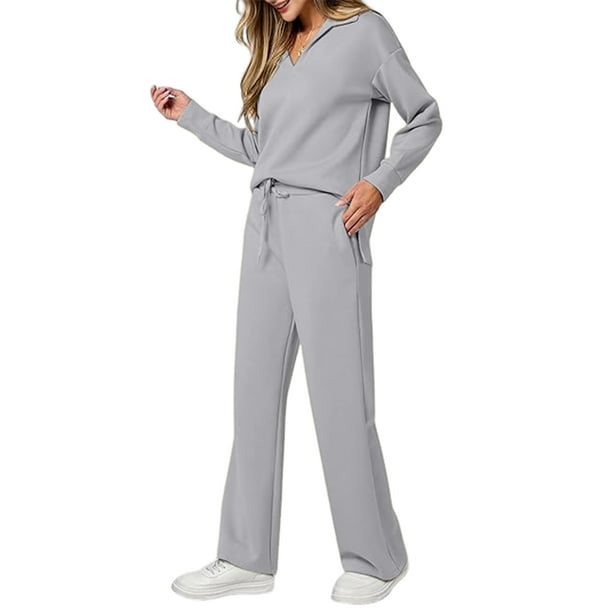 Conjuntos de Dos Piezas para Mujer, Moda de Otoño 2025, Pantalones Anchos, Conjunto de Estar por Casa, para Viajes y Vacaciones. Gris XXXL
