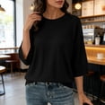 thumbnail image 7 of Women's Solid Knit Quarter Sleeve Round Neck Casual Sweater Top, 7 of 7