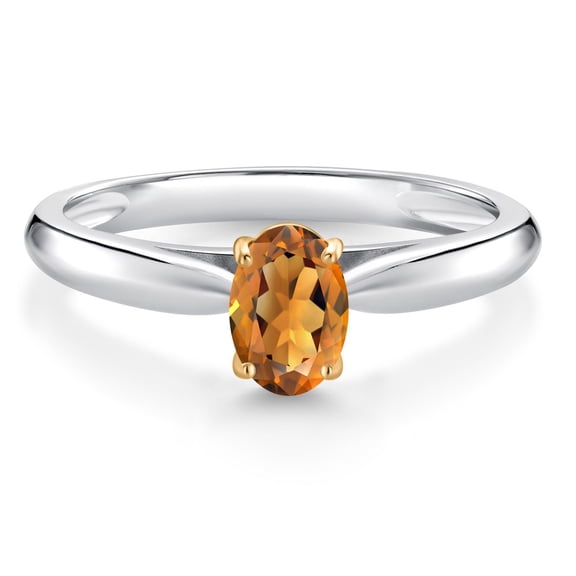 Gem Stone King 0.40 Ct Oval Orange Red Madeira Citrine 925 Silver and 10K Yellow Gold Solitaire Engagement Ring (Size 8)