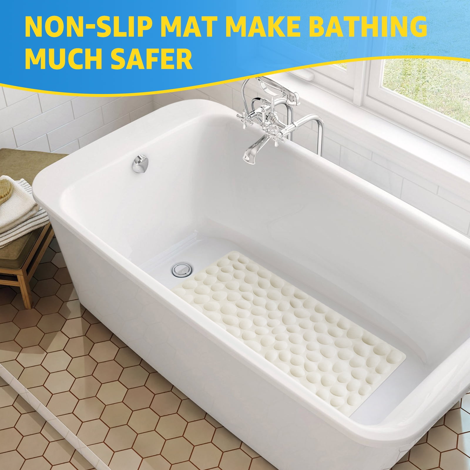 OTHWAY Bathtub Mat Non Slip, Rubber Bath Mat for Kids for Baby, 16x40 inch Large Bath Mats for Bathroom Tub with Strong Suction Cups (Beige)