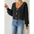 thumbnail image 3 of Women'S Long Sleeve V-Neck Button Down Rib Knit Cropped Cardigan Sweater Black XL, 3 of 7