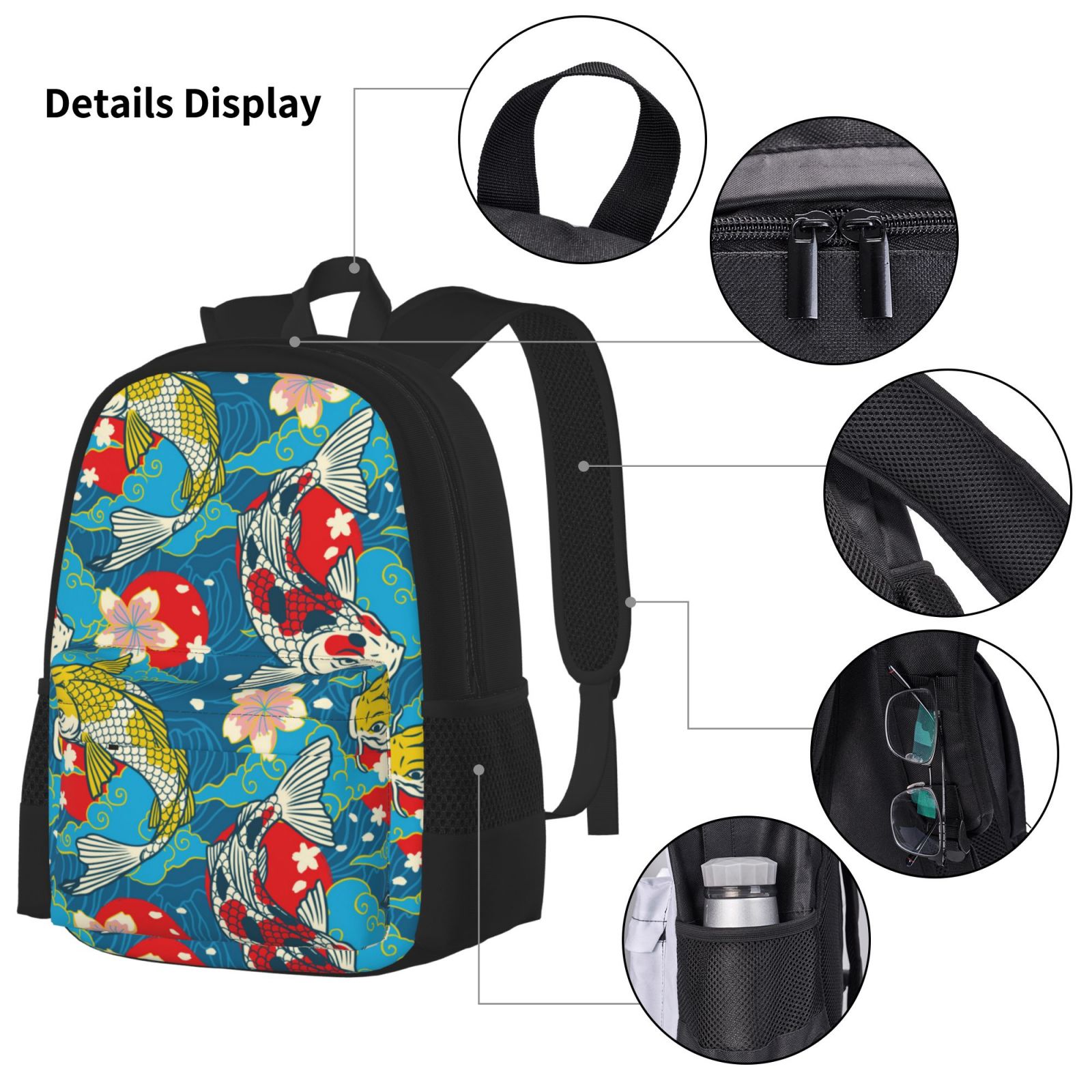 Naloa Japanese Koi Print Large Capacity Backpack Lunch Bag Pencil Case Combination 3 Piece Set for Student