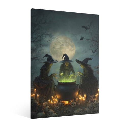 Vintage Halloween three witches Canvas Wall Art Painting, Gothic Print Pictures for Home Wall Decor Retro Horror Creepy Dark Posters for Living Room Bedroom Bar Home Halloween Party Decor Framed