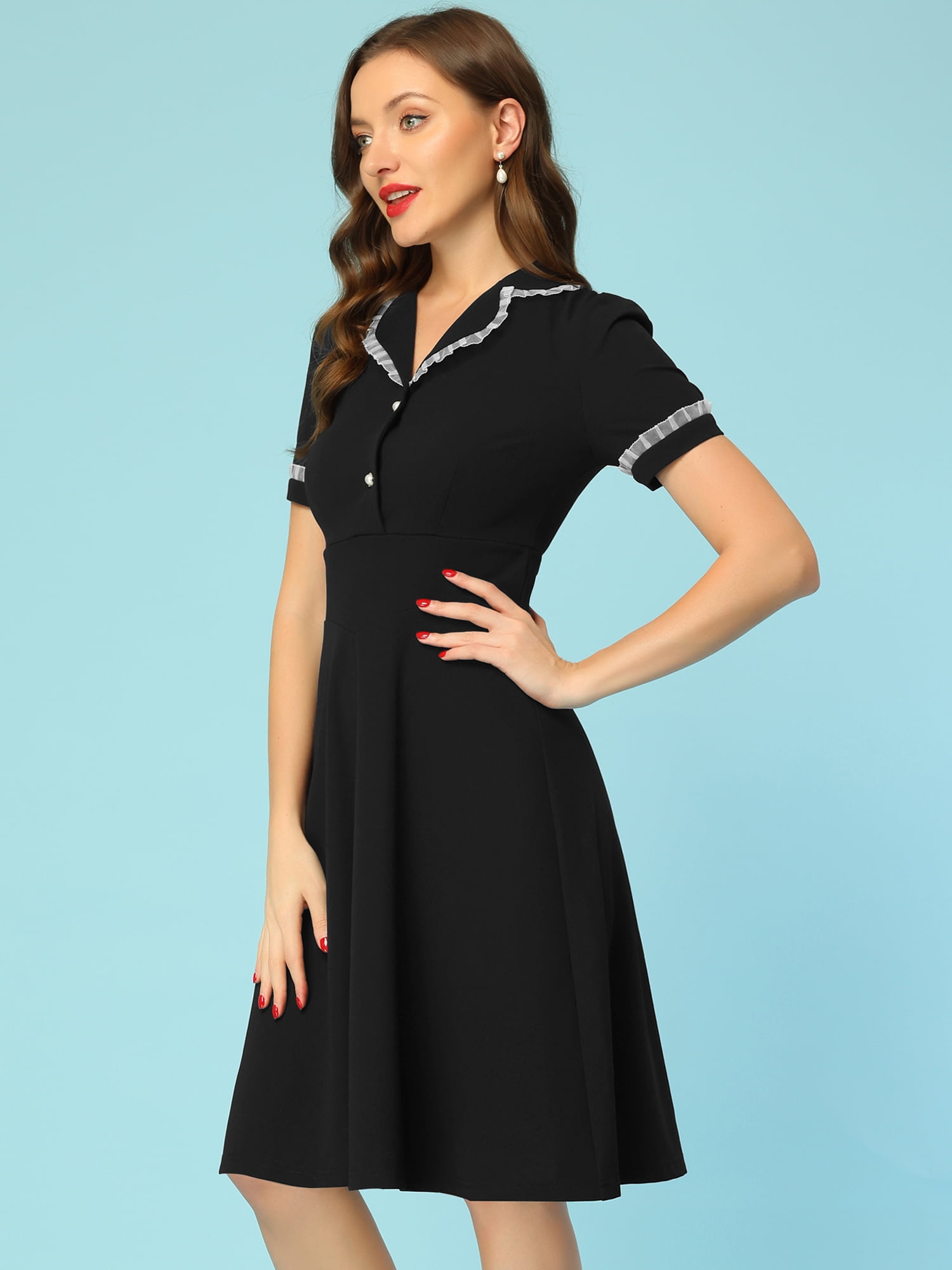 Unique Bargains Women's Ruffled Peter Pan Collar Midi Dresses S Black