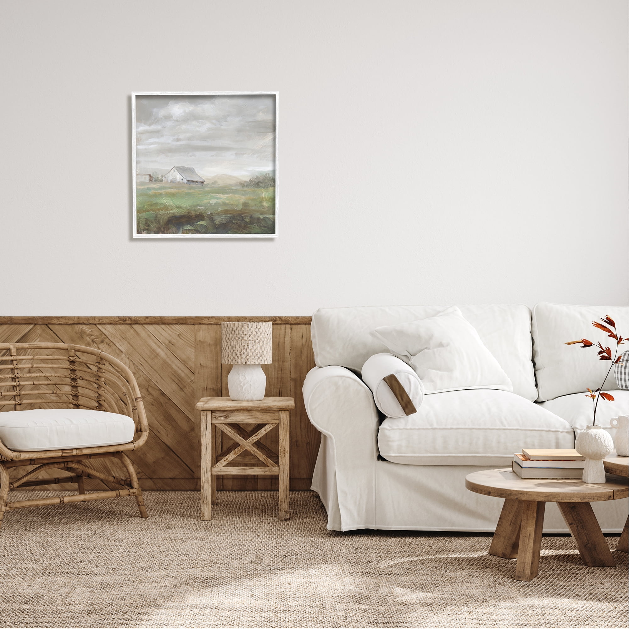Stupell Industries Grey Farm Landscape Nature Painting White Framed Art Print Wall Art, 24 x 24