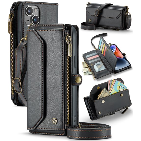 For iPhone 14 Plus Crossbody Wallet Case with Card Slots Zipper Pocket,PU Leather Magnetic Flip Folio Wristlet Shoulder Strap 3-in-1 Crossbody Phone Case Wallet for Women Men,Black