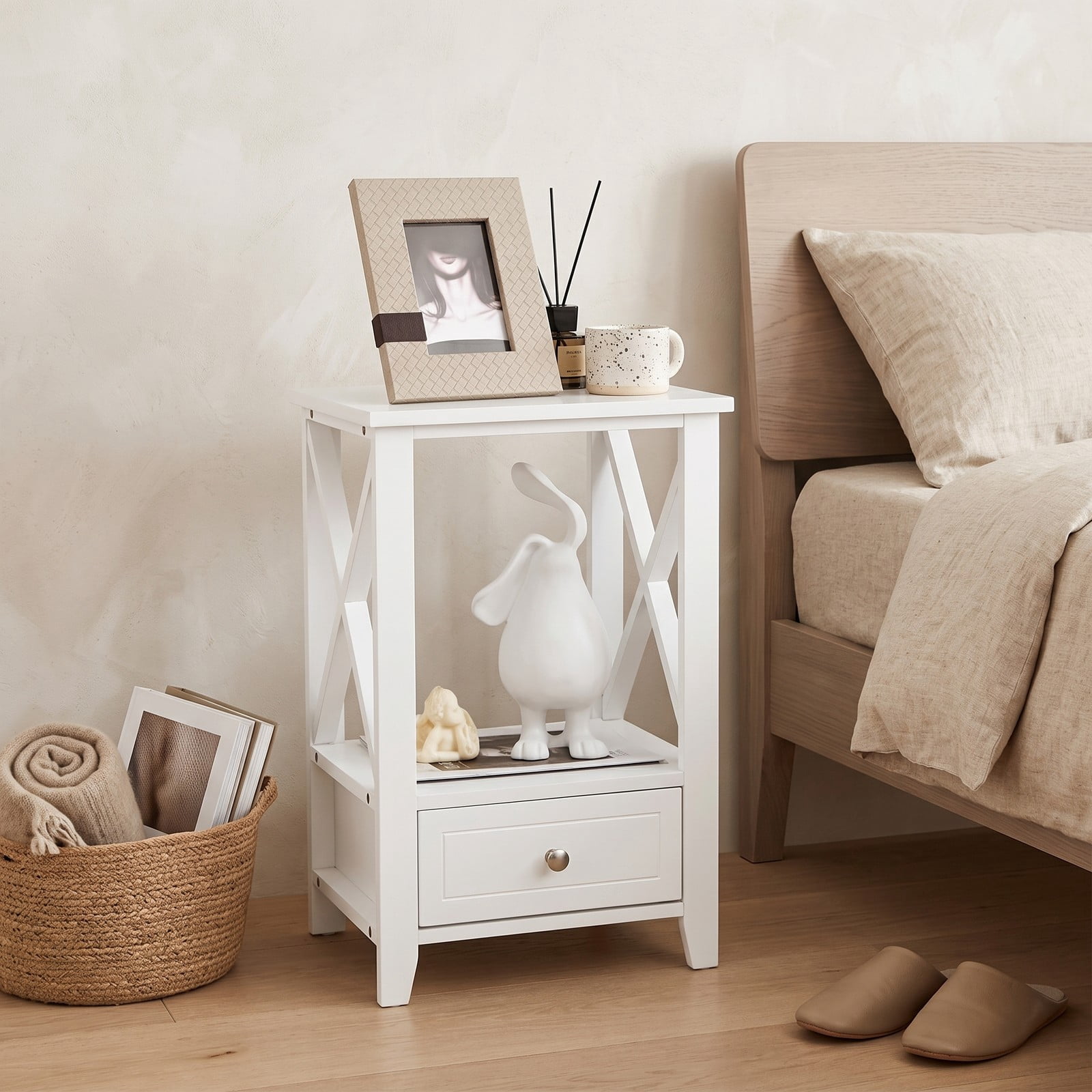 Furnibear 2-Tier Nightstand with Storage Drawer and Open Shelf, Multifunctional Bedside Table with X-frame Sides for Bedroom, White