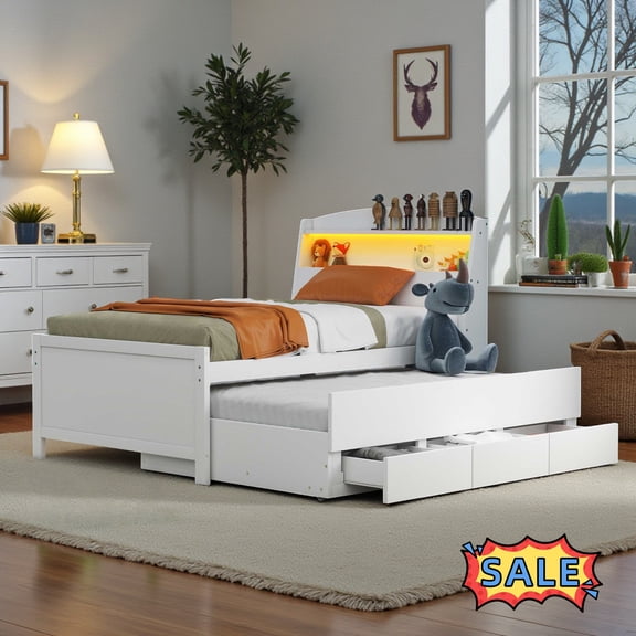 Tcbosik Twin Size Bed Frame with LED Headboard and Trundle Bed, Platform Bed with 3 Storage Drawers, Wood Slat Support, White