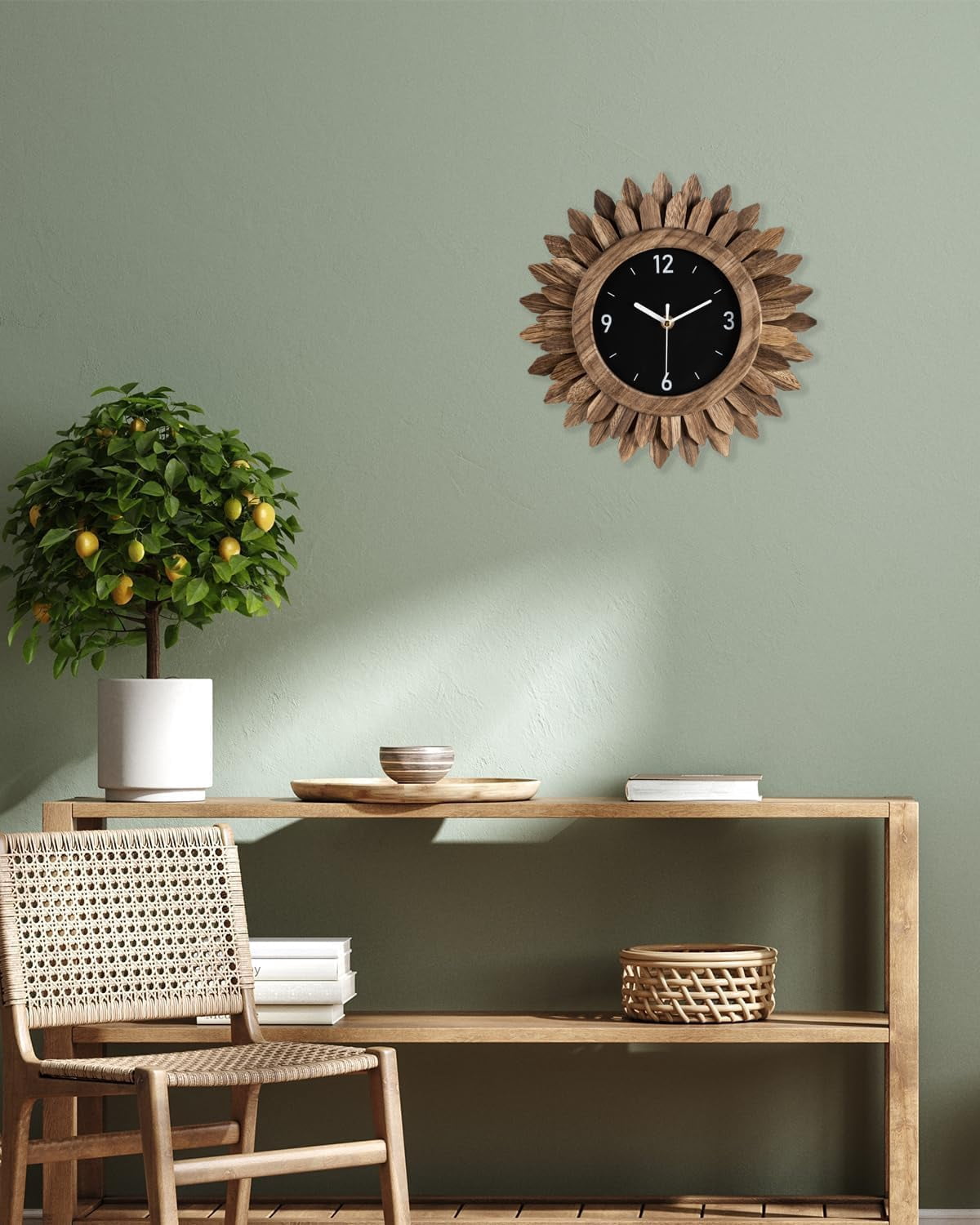 12 In Rustic Wood Boho Sunburst Decorative Wall Clock Silent Non Ticking Farmhouse Small Wall Clocks for Living Room Kitchen Bedroom Decor (Rustic Brown)