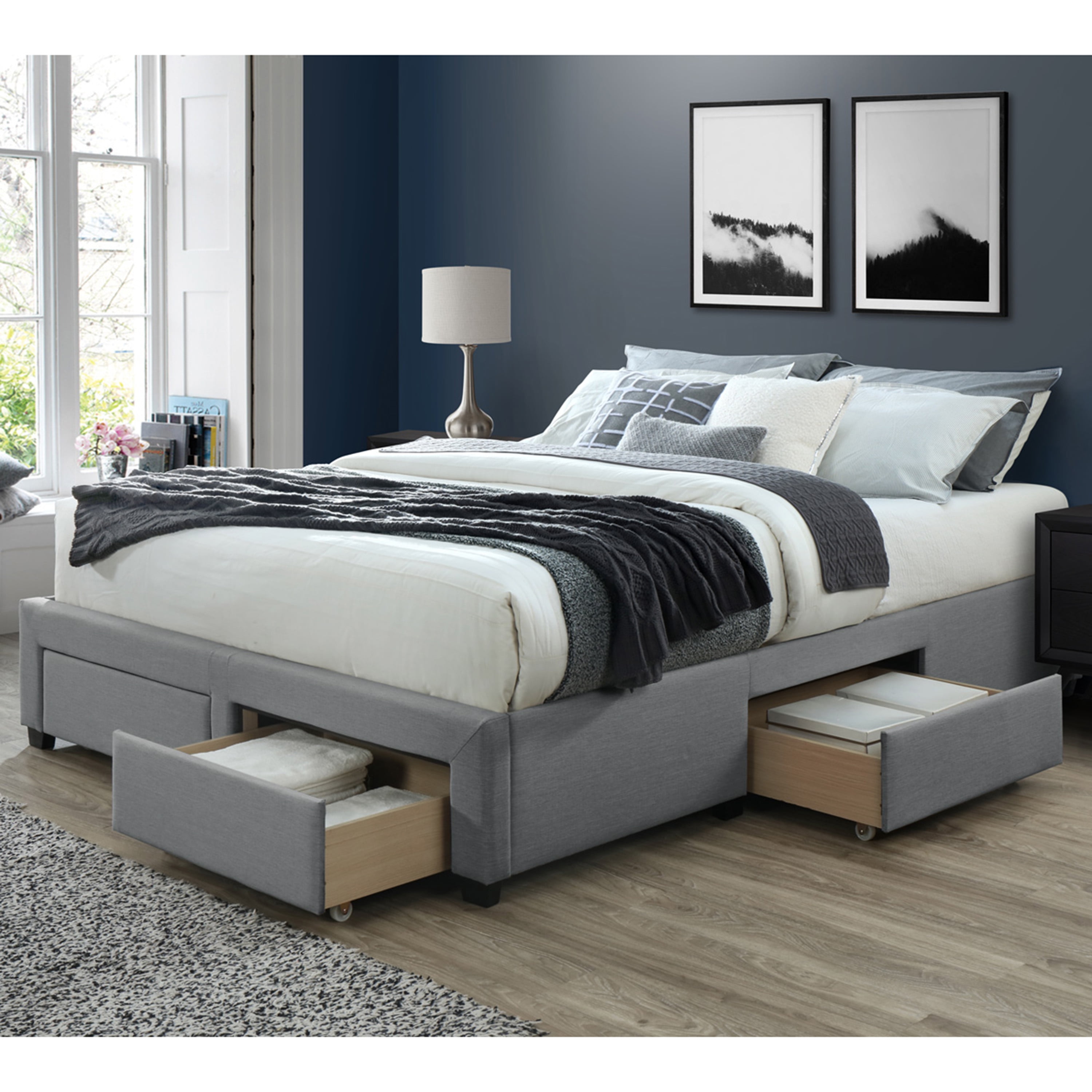 DG Casa Cosmo Upholstered Platform Bed Frame Base with Storage Drawers