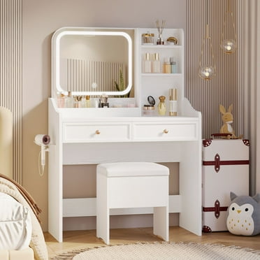 IRONCK White Makeup Vanity Desk with Lighted Mirror, Charging Station, 2 Drawers, Open Shelves, Storage Stool and Hair Dryer Rack