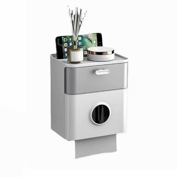 Wall Mounted Toilet Paper Holder with Drawer & Shelf, No-Drill Bathroom Tissue Box Organizer