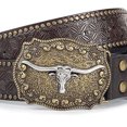 thumbnail image 4 of Unisex Western Punk Single‑Row Belt, Rivet‑Trimmed Faux Leather Strap, Retro Cowboy Embossed Motifs, Adjustable Fit for Festival & Daily Jeans Outfits, Belts Y2K Coffee 110, 4 of 5