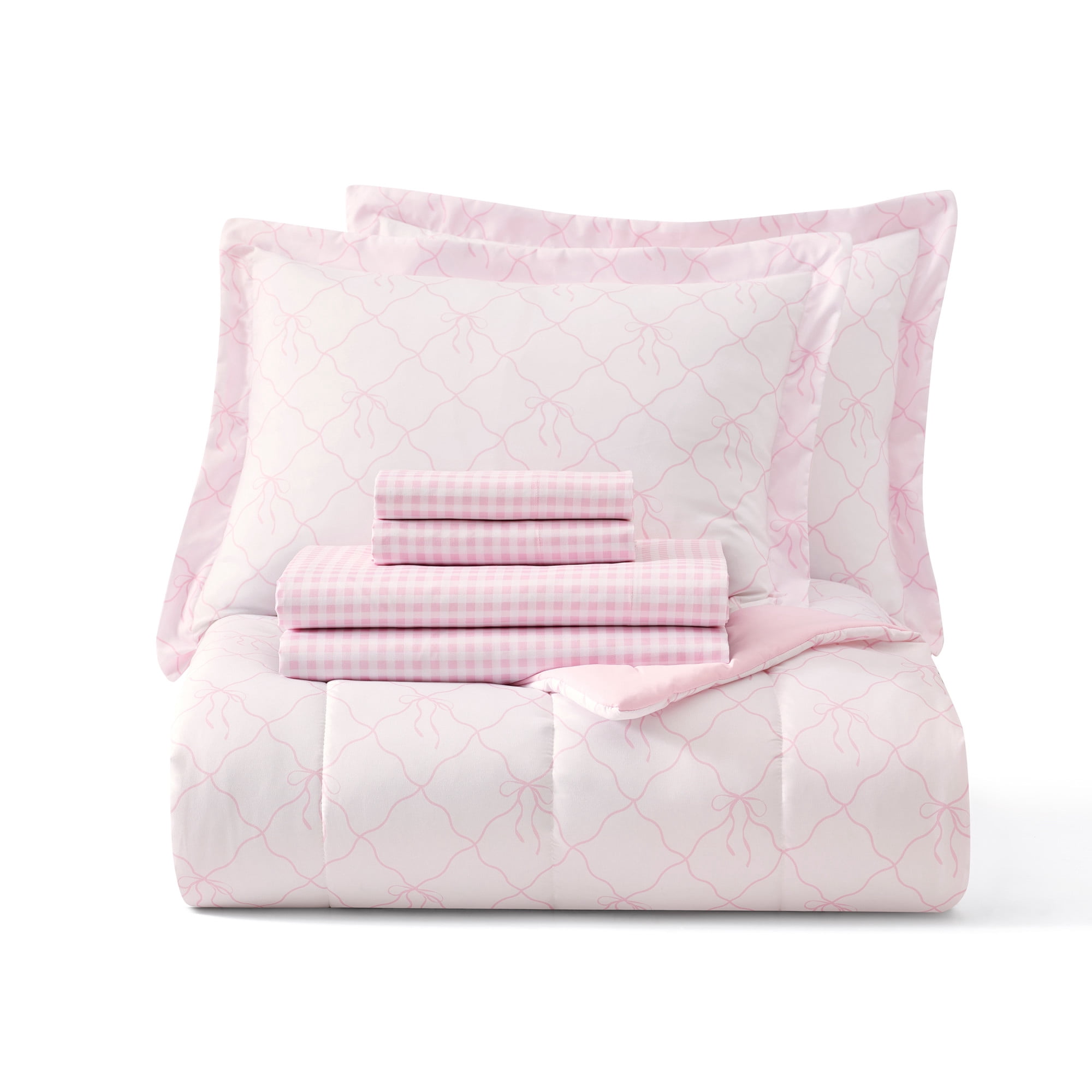 Dream Factory 7-Piece Bow Trellis Bed in a Bag, Pink, Full