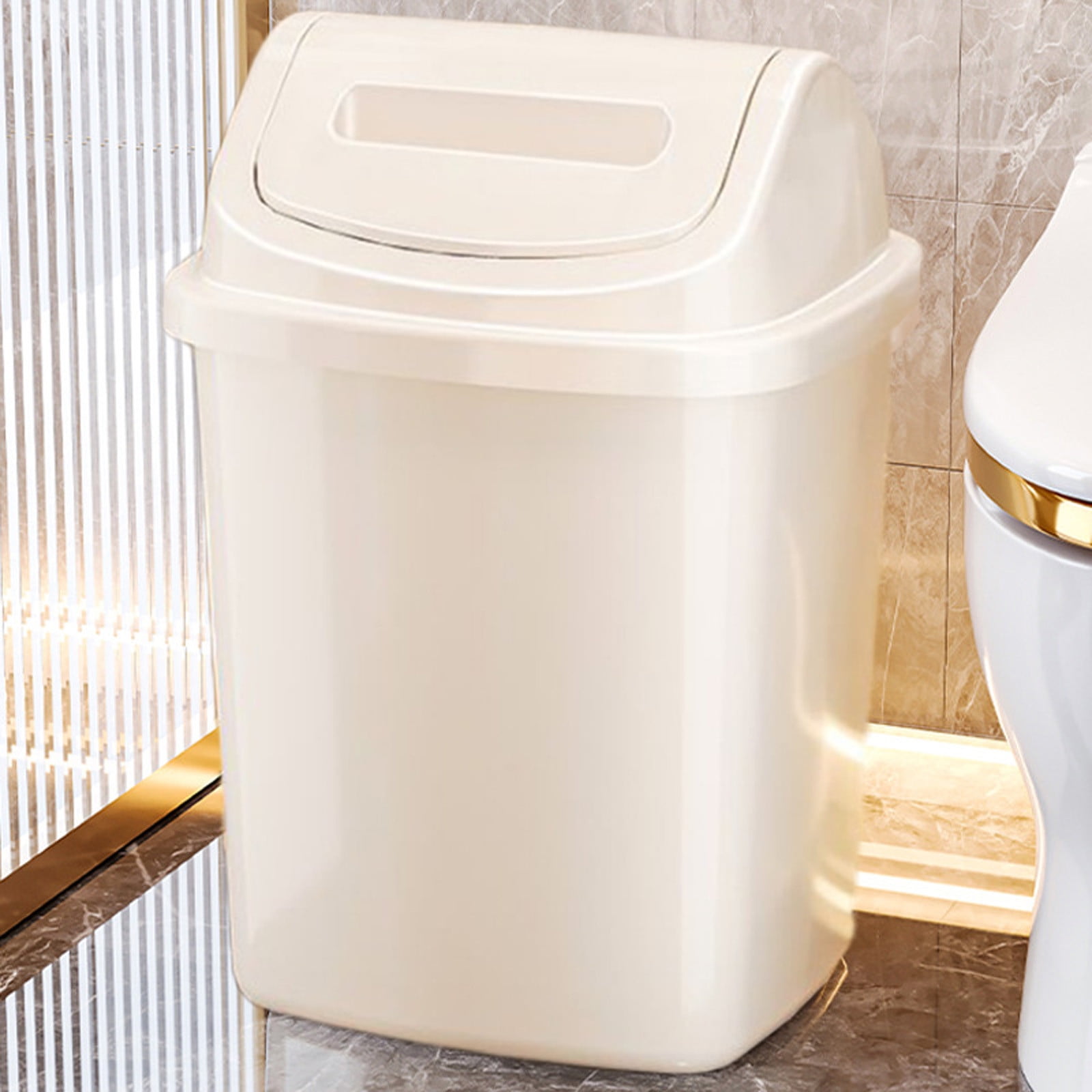 Step Trash Can with Lid - 2.6 Gallon Small Garbage Bin for Bathroom & Bedroom | Odor-Control Press Lid Wastebasket | Space-Saving Trash Can for Home & Office, Khaki