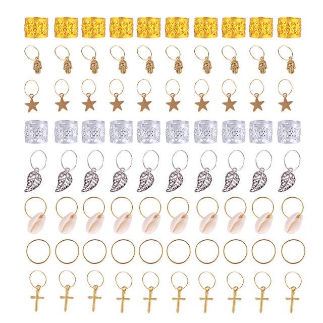 90pcs Hair Braid Jewelry Rings Aluminum Dreadlock Cuffs Shell Star Cross Rings Charms