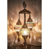 DEMMEX 3 Globes Turkish Moroccan Mosaic Bohemian Table Desk Bedside Night Lamp Light Lampshade, Exotic Oriental Colorful Mosaic Glasses Table Lamp, Antique Brass Color Metal Body, 21" (Amber - Brown)