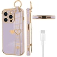 thumbnail image 5 of Compatible with iPhone 13 Pro Max Case 6.7 Inch Cute Heart Pattern for Women Girls Soft Plating Bumper Anti-Scratch Protective Cover with Wrist Strap Band Kickstand Holder-Purple, 5 of 12